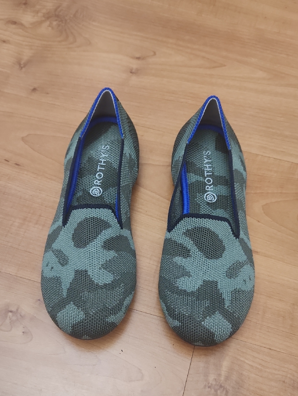 Rothy's Kids Slip-On Flats in Olive Green Camo with Blue Trim
